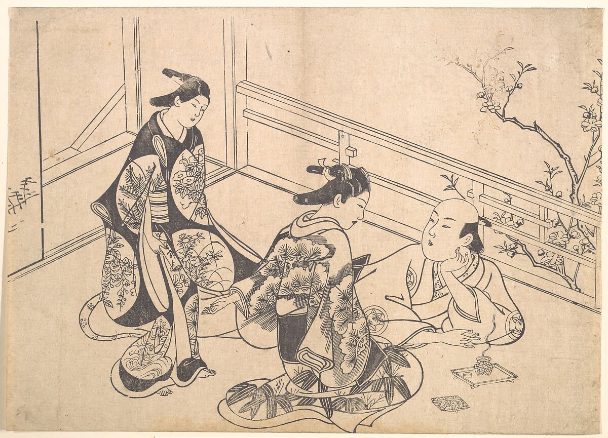 The Actor Ichimura Takenojo Reclining on a Balcony, Okumura Masanobu (Japanese, 1686–1764), Monochrome woodblock print (sumie); ink on paper, Japan 