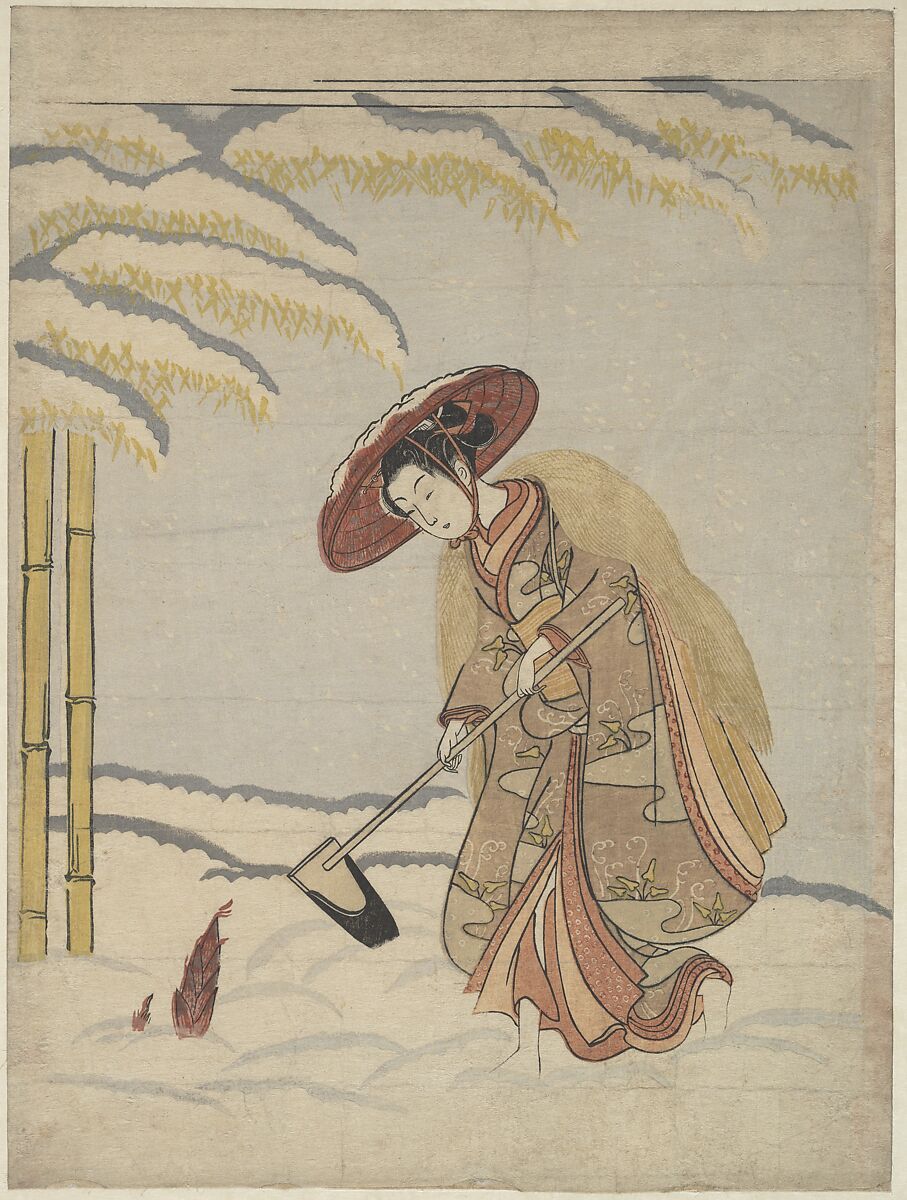 Woman Digging Bamboo Shoots in the Snow, or Parody of Meng Zong (Mōsō), from Twenty-Four Paragons of Filial Piety, Suzuki Harunobu (Japanese, 1725–1770), Woodblock print; ink and color on paper, Japan 