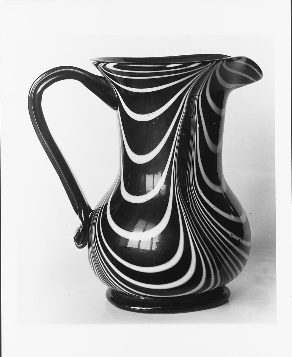 Pitcher, Free-blown amber and opaque white glass, American 