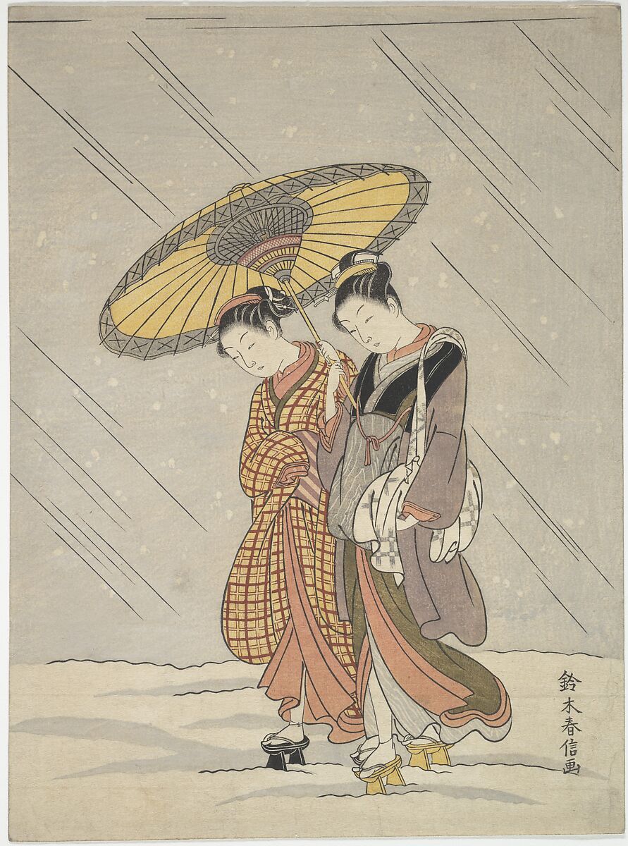 Two Women in a Storm, Suzuki Harunobu (Japanese, 1725–1770), Woodblock print; ink and color on paper, Japan 
