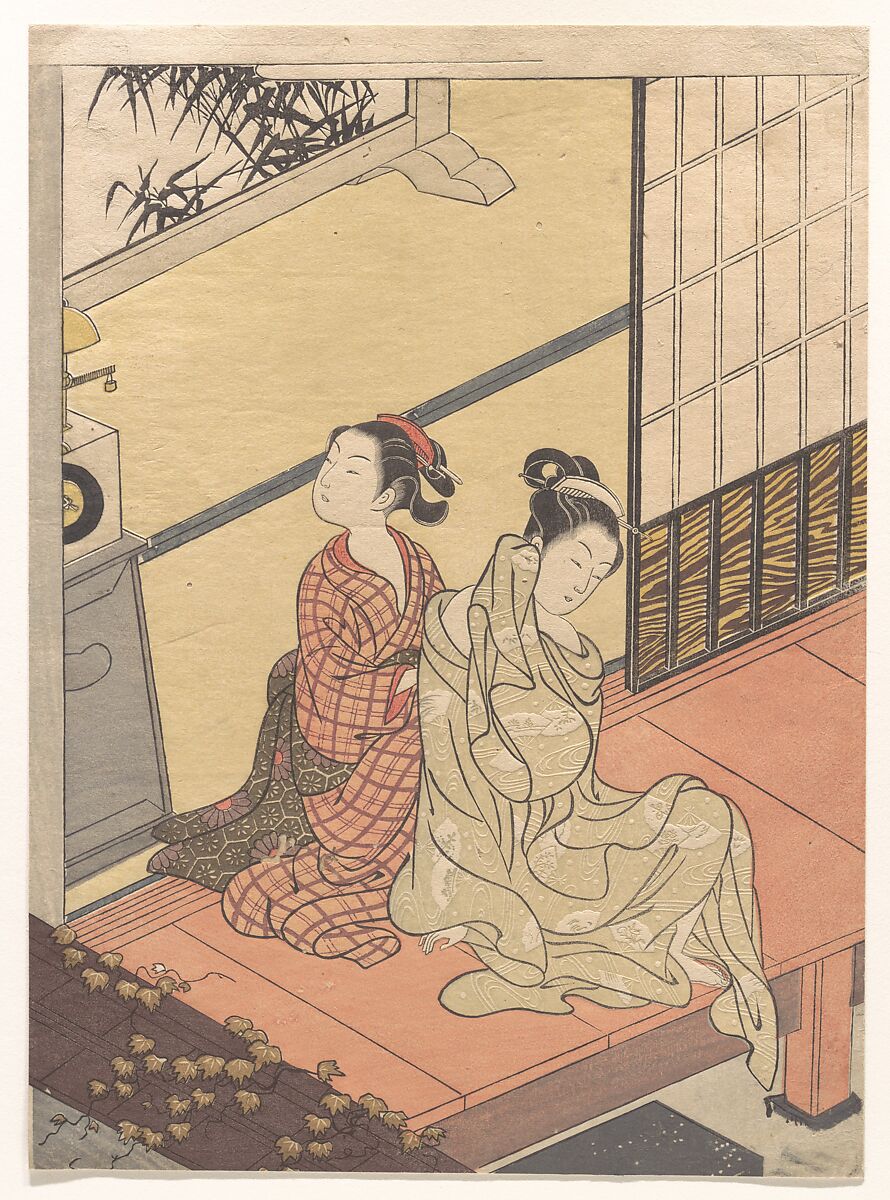 Evening Chime of the Clock (Tokei no banshō), from the series “Eight Parlor Views” (Zashiki hakkei), Suzuki Harunobu (Japanese, 1725–1770), Woodblock print; chuban; ink and color on paper, Japan 