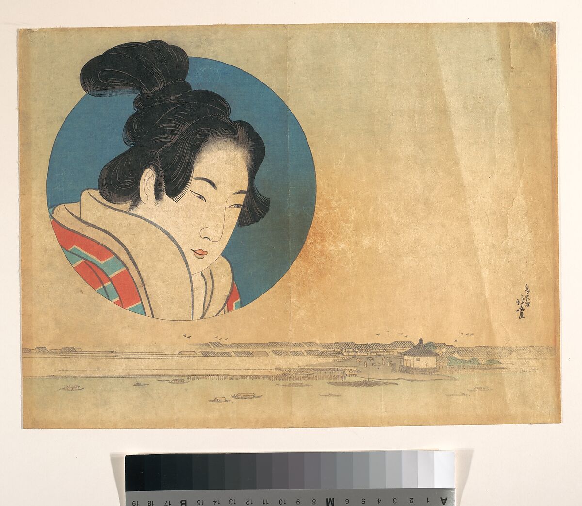 Portrait of a Woman in Large Circle with Landscape Below, Katsushika Hokusai (Japanese, Tokyo (Edo) 1760–1849 Tokyo (Edo)), Woodblock print; ink and color on paper, Japan 