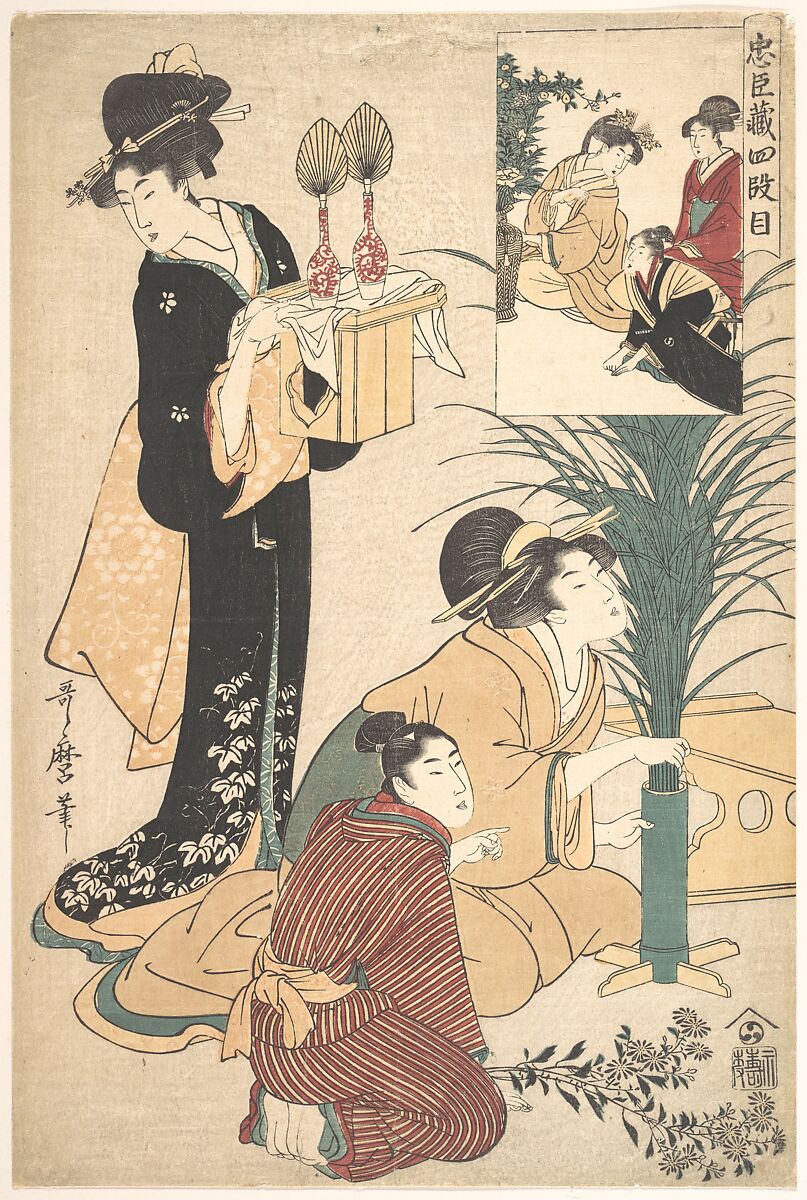 A Woman and a Man Arranging Flowers for the Tsukimi (Moon Festival), Kitagawa Utamaro (Japanese, ca. 1754–1806), Woodblock print; ink and color on paper, Japan 