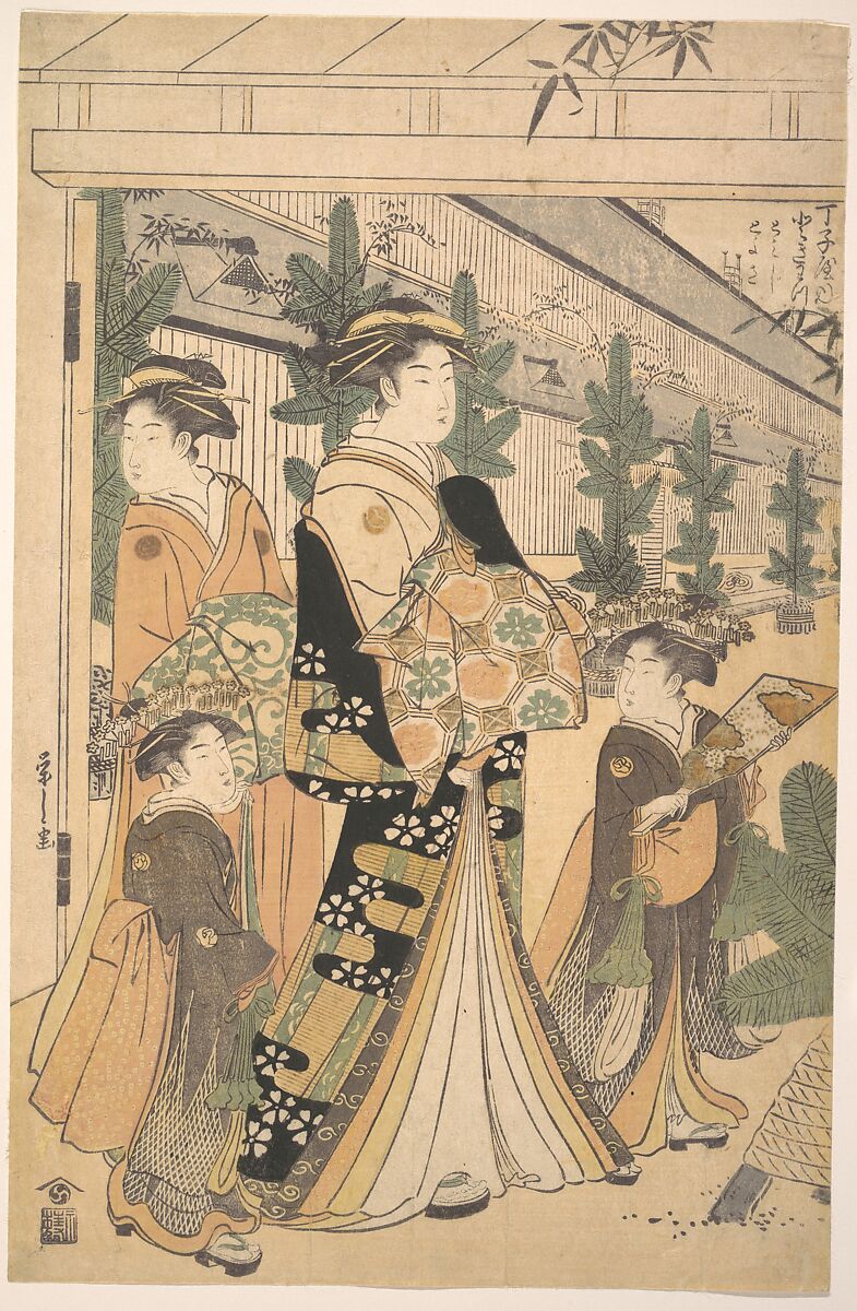 Two Oiran with Two Female Attendants in the Yoshiwara, Chōbunsai Eishi (Japanese, 1756–1829), Woodblock print; ink and color on paper, Japan 