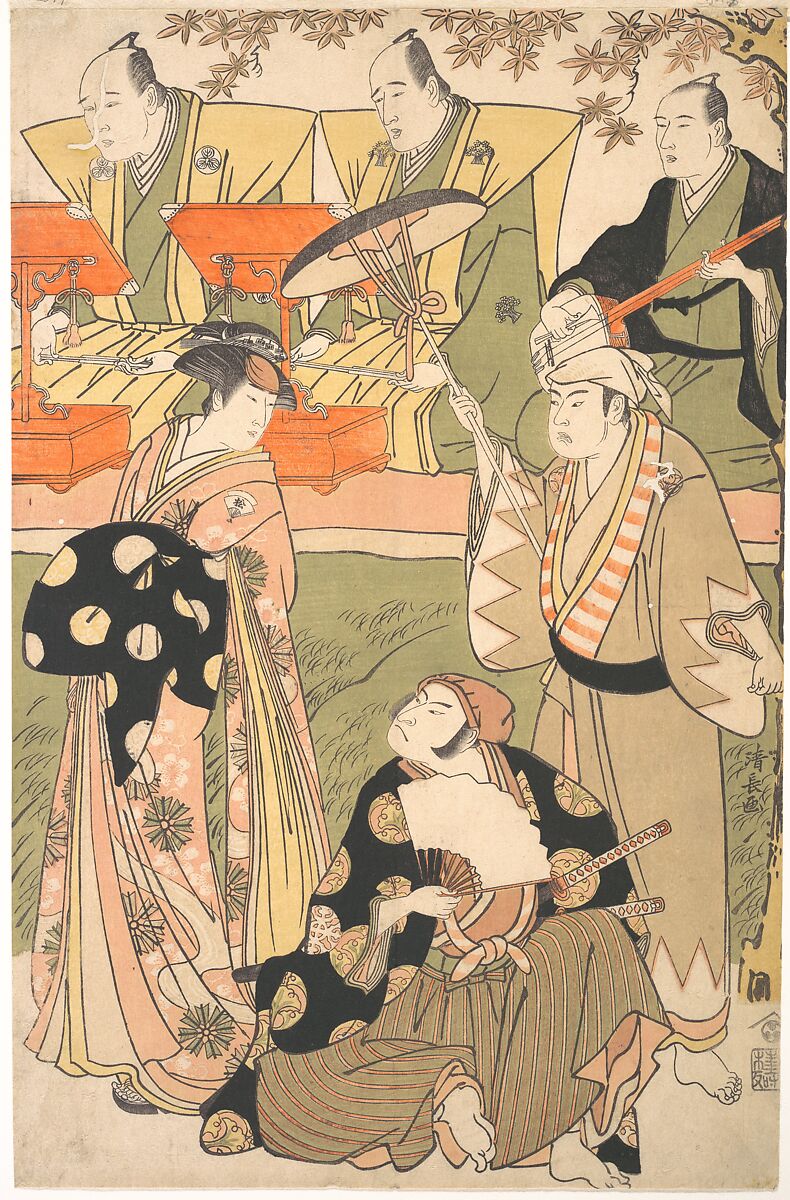 Theatrical Scene, with Musicians, Torii Kiyonaga (Japanese, 1752–1815), Woodblock print; ink and color on paper, Japan 