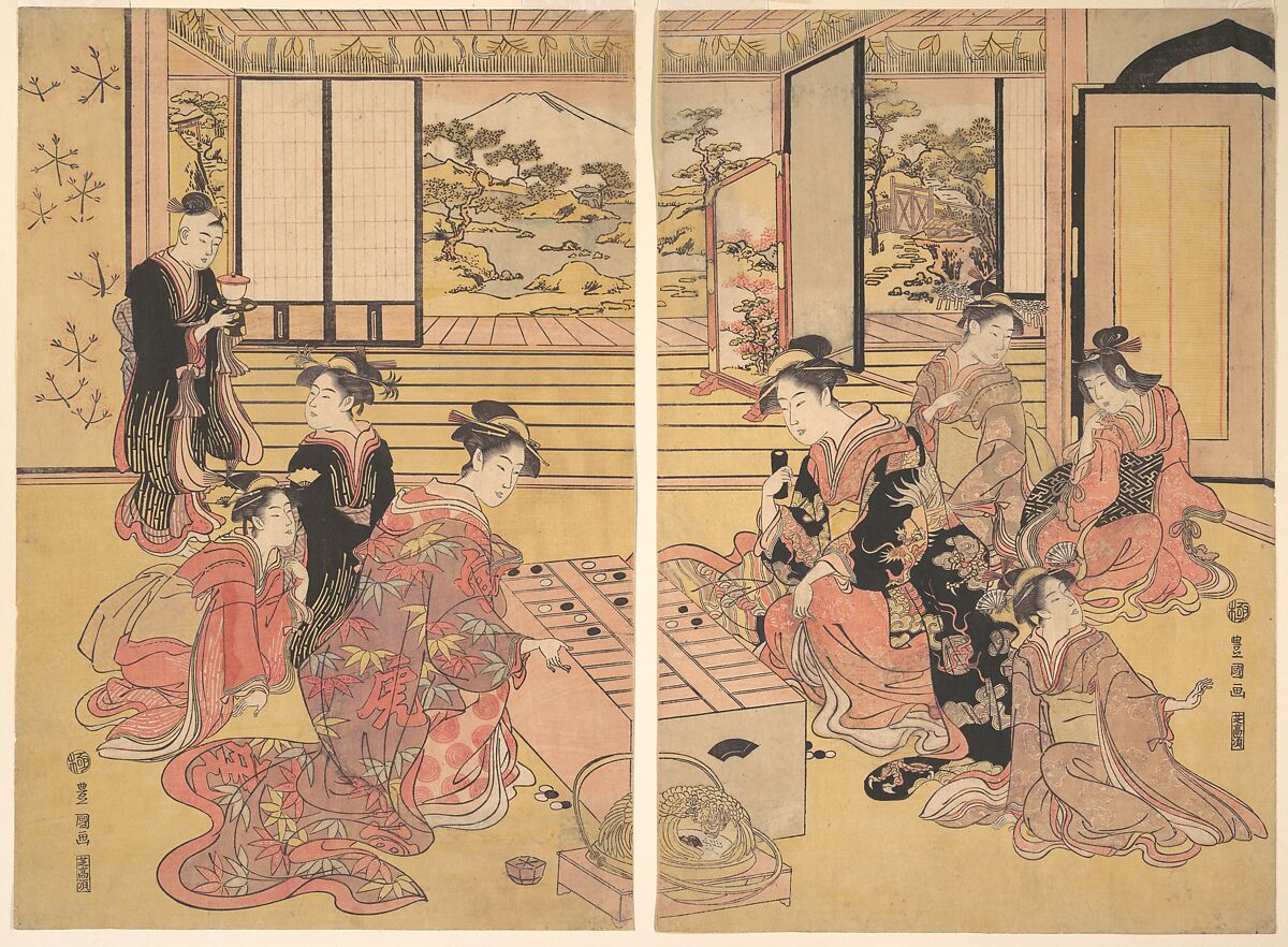 Two Young Women Playing a Game of Sugoroku, Utagawa Toyokuni I (Japanese, 1769–1825), Diptych of woodblock prints; ink and color on paper, Japan 