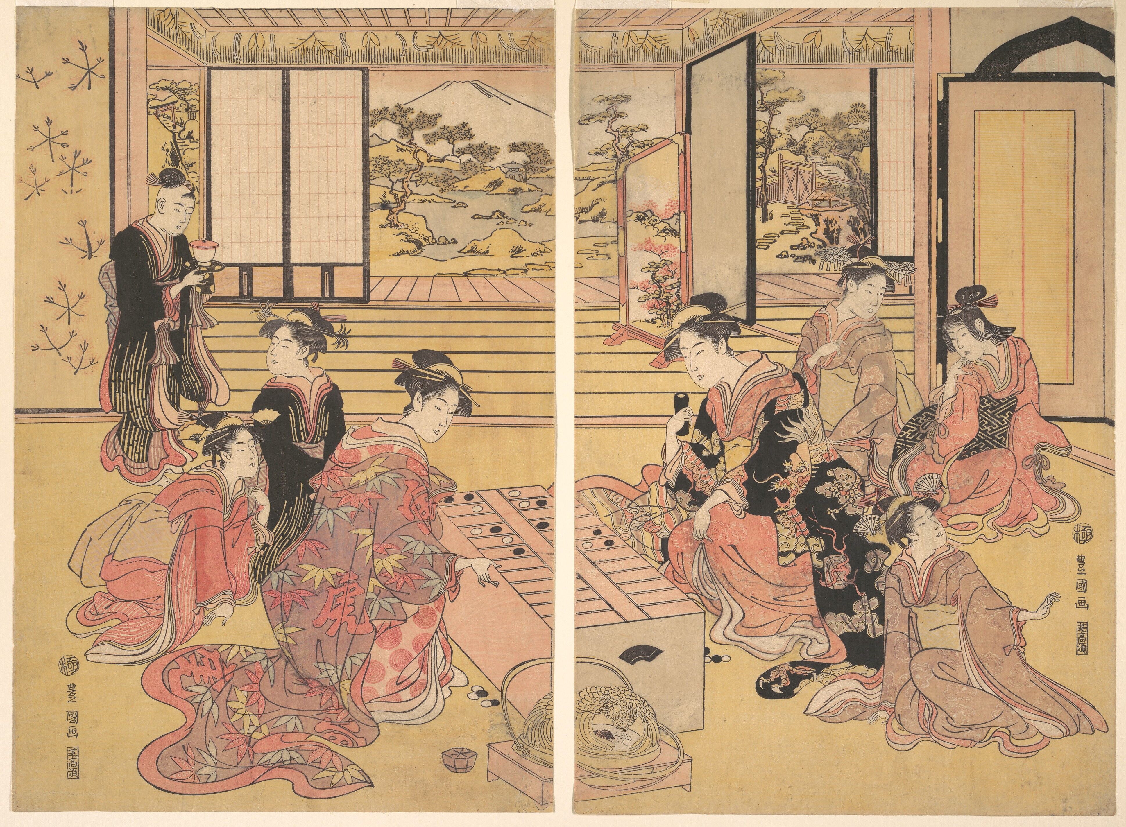 Utagawa Toyokuni I - Two Young Women Playing a Game of Sugoroku