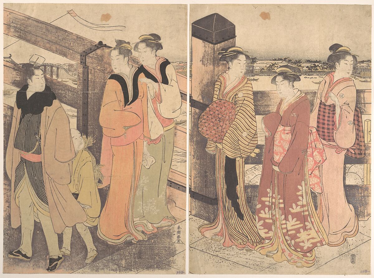 A Group of Women, One Man and a Boy on a Bridge, Katsukawa Shunchō (Japanese, active ca. 1783–95), Diptych of woodblock prints; ink and color on paper, Japan 