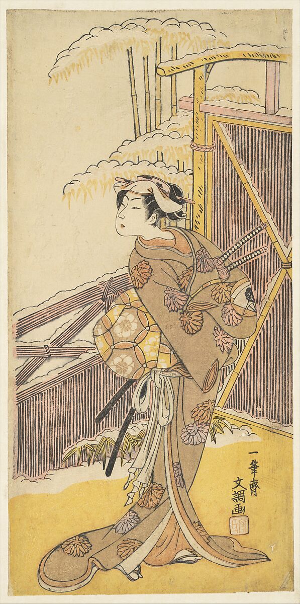 Onoe Kikugorō as Tonase, from Kanadehon Chūshingura (Kanadehon Chūshingura, Shosei Onoe Kikugorō no Tonase), Ippitsusai Bunchō (Japanese, active ca. 1765–1792), Woodblock print; ink and color on paper, Japan 