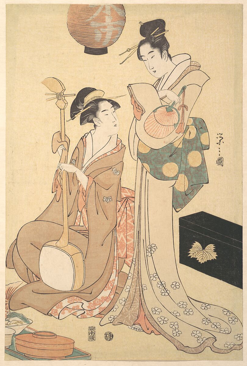 Two Geisha, Chōbunsai Eishi (Japanese, 1756–1829), One sheet of a triptych of woodblock prints; ink and color on paper, Japan 