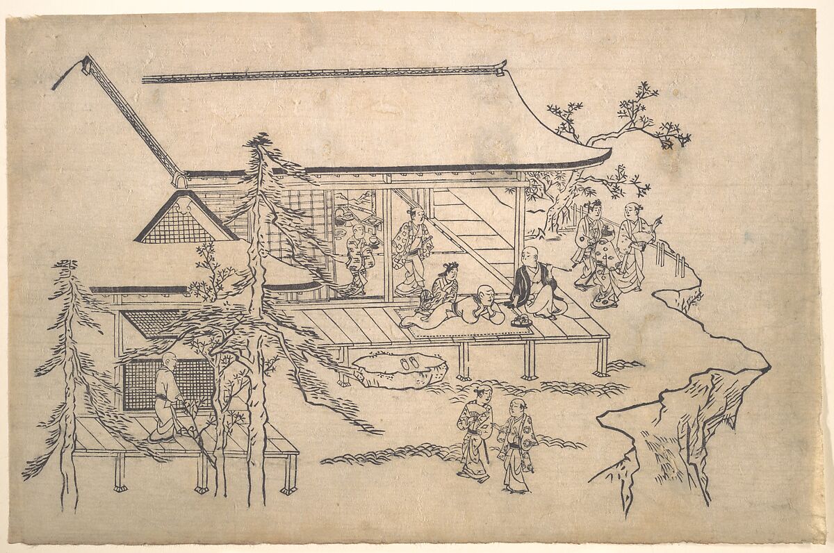 Flower-Viewing Scene, Hishikawa Moronobu 菱川師宣 (Japanese, 1618–1694), Monochrome woodblock print (sumie); ink on paper, Japan 