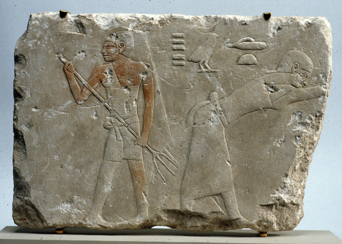 Relief fragment depicting two figures winnowing, Limestone, pigment