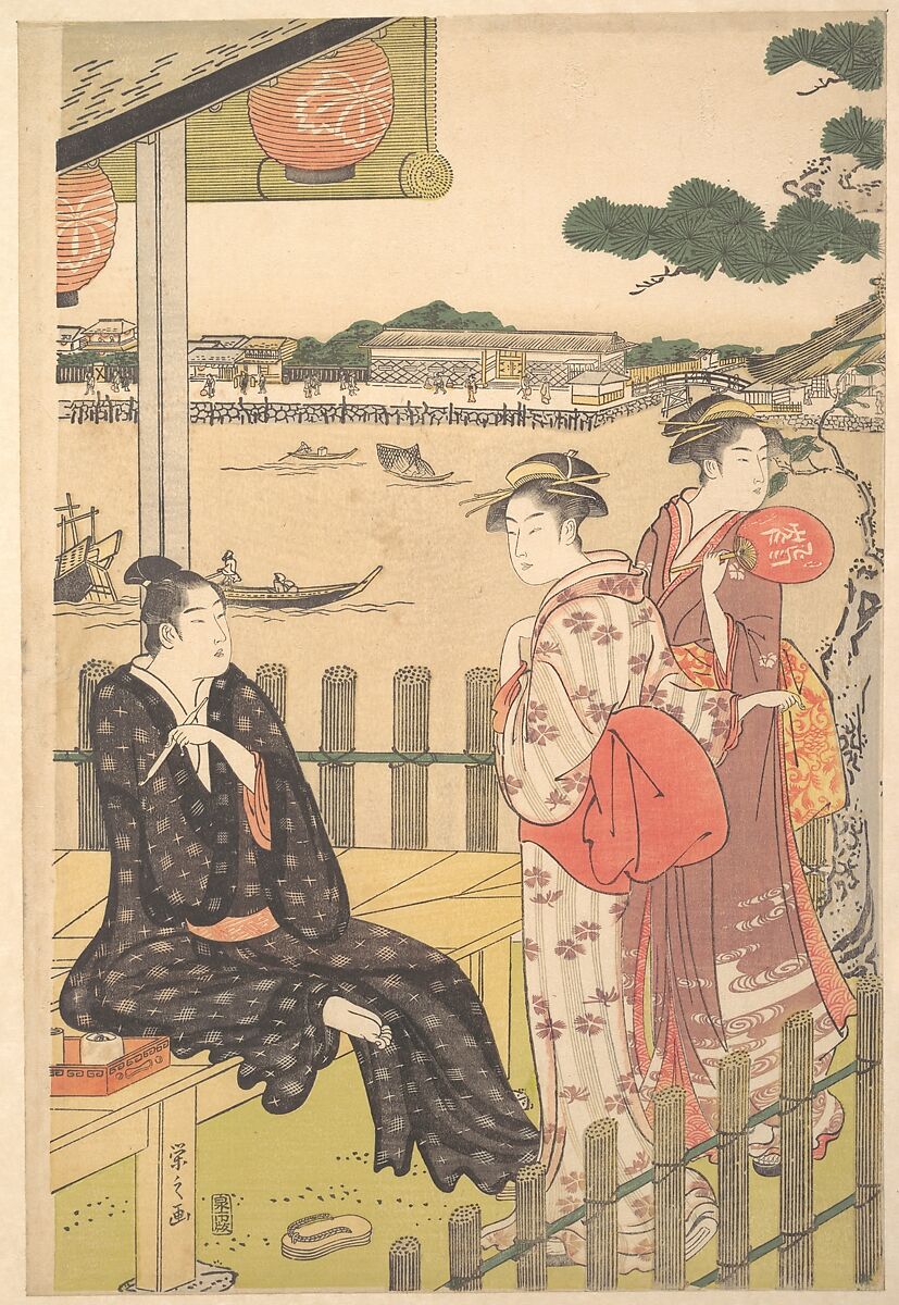 Group at a Tea-house on the Bank of the Sumida River, Chōbunsai Eishi (Japanese, 1756–1829), Woodblock print; ink and color on paper, Japan 