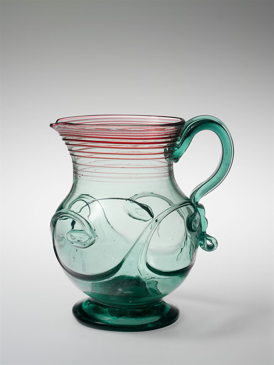 Pitcher, Possibly Redwood Glass Company (1828–1868), Blown glass with applied decoration, American 