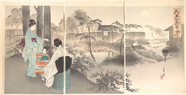 Bush Clover at Ryūganji Temple, Kameido, from the series An Array of Flowers, Beauties and Famous Places (Hanabijin meisho awase kameido ryūganji no hagi), Ogata Gekkō (Japanese, 1859–1920), Triptych of woodblock prints; ink and color on paper, Japan 