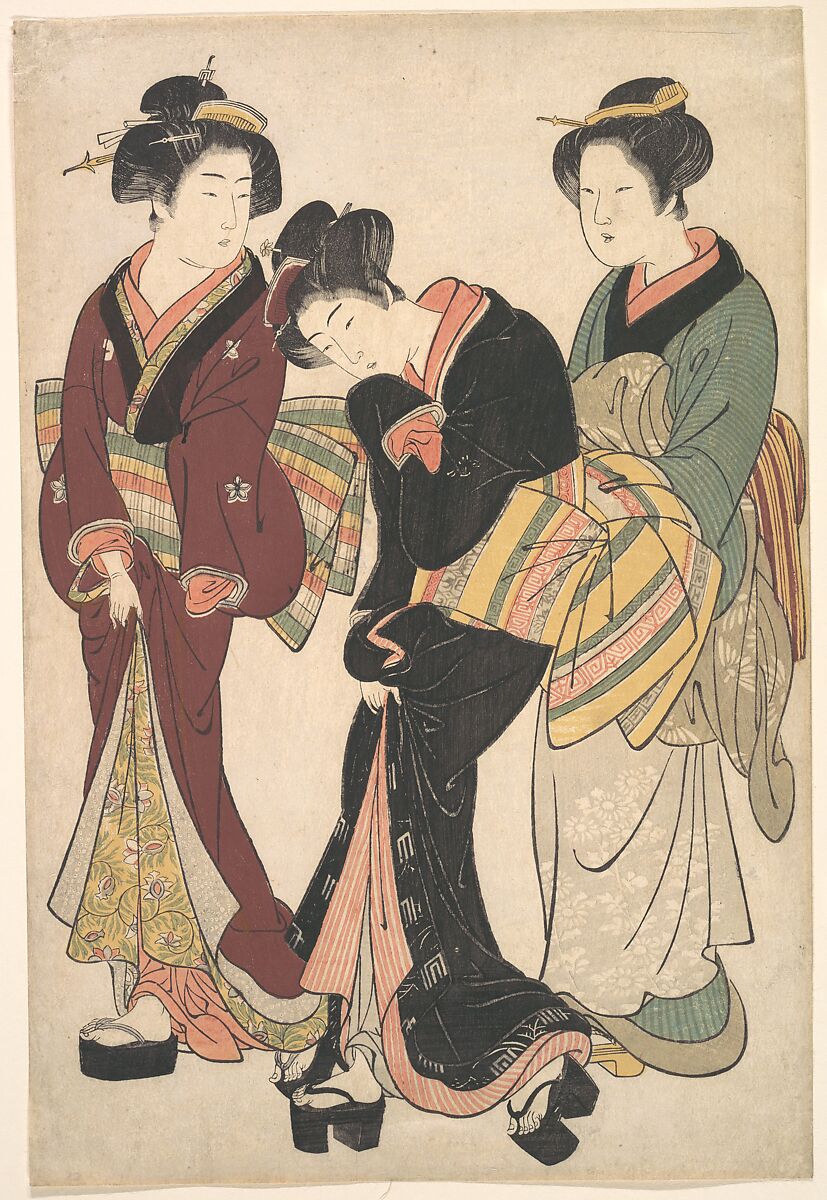 Two Geishas and a Maid, Kitao Shigemasa (Japanese, 1739–1820), Woodblock print; ink and color on paper, Japan 