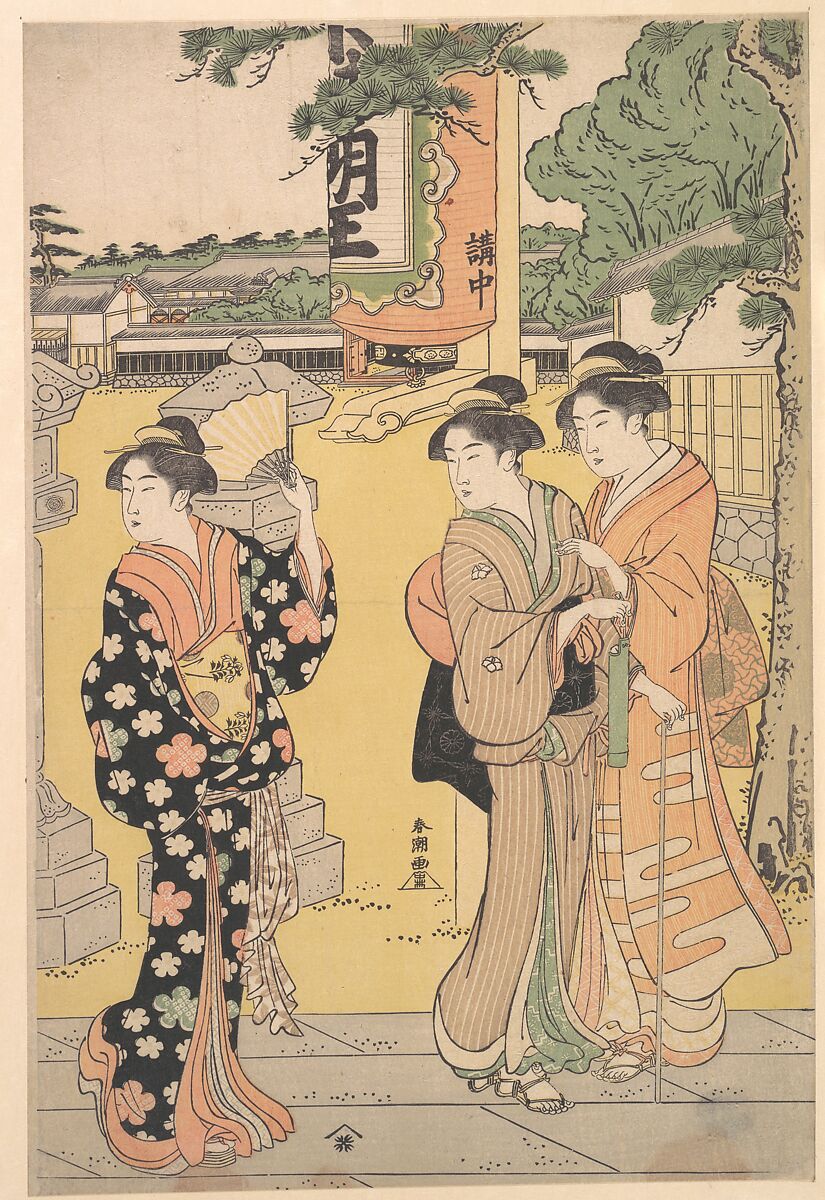 Fair Visitors in the Compound of a Buddhist Temple, Katsukawa Shunchō (Japanese, active ca. 1783–95), One sheet of a triptych of woodblock prints; ink and color on paper, Japan 