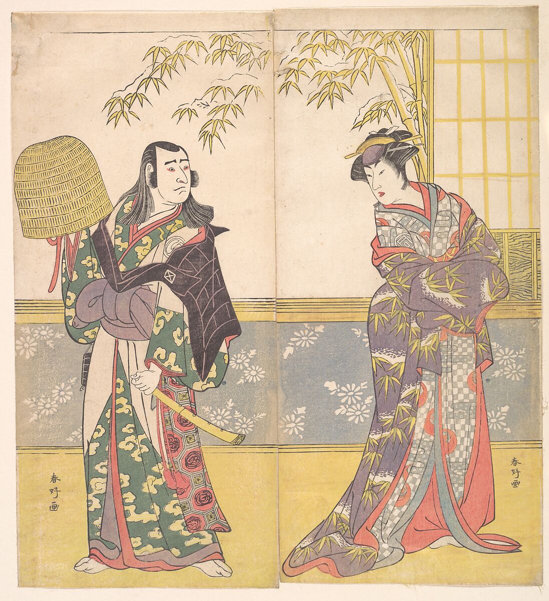 Kabuki Actors Sawamura Sōjūrō III and Sanogawa Ichimatsu III in "A Courtesan’s Mirror for the Eastern Provinces" (Keisei Azuma kagami), Katsukawa Shunkō (Japanese, 1743–1812), Diptych of woodblock prints; ink and color on paper, Japan 