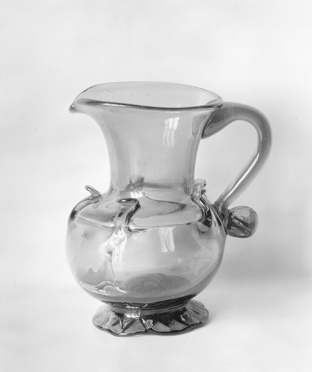 Pitcher, Blown green glass with applied decoration, American 
