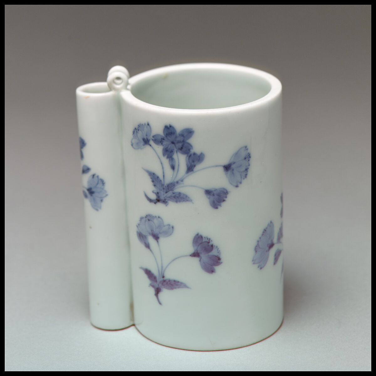 Brush Holder in form of a bird-feeding vessel, Porcelain decorated with blue under the glaze (Hirado ware), Japan 