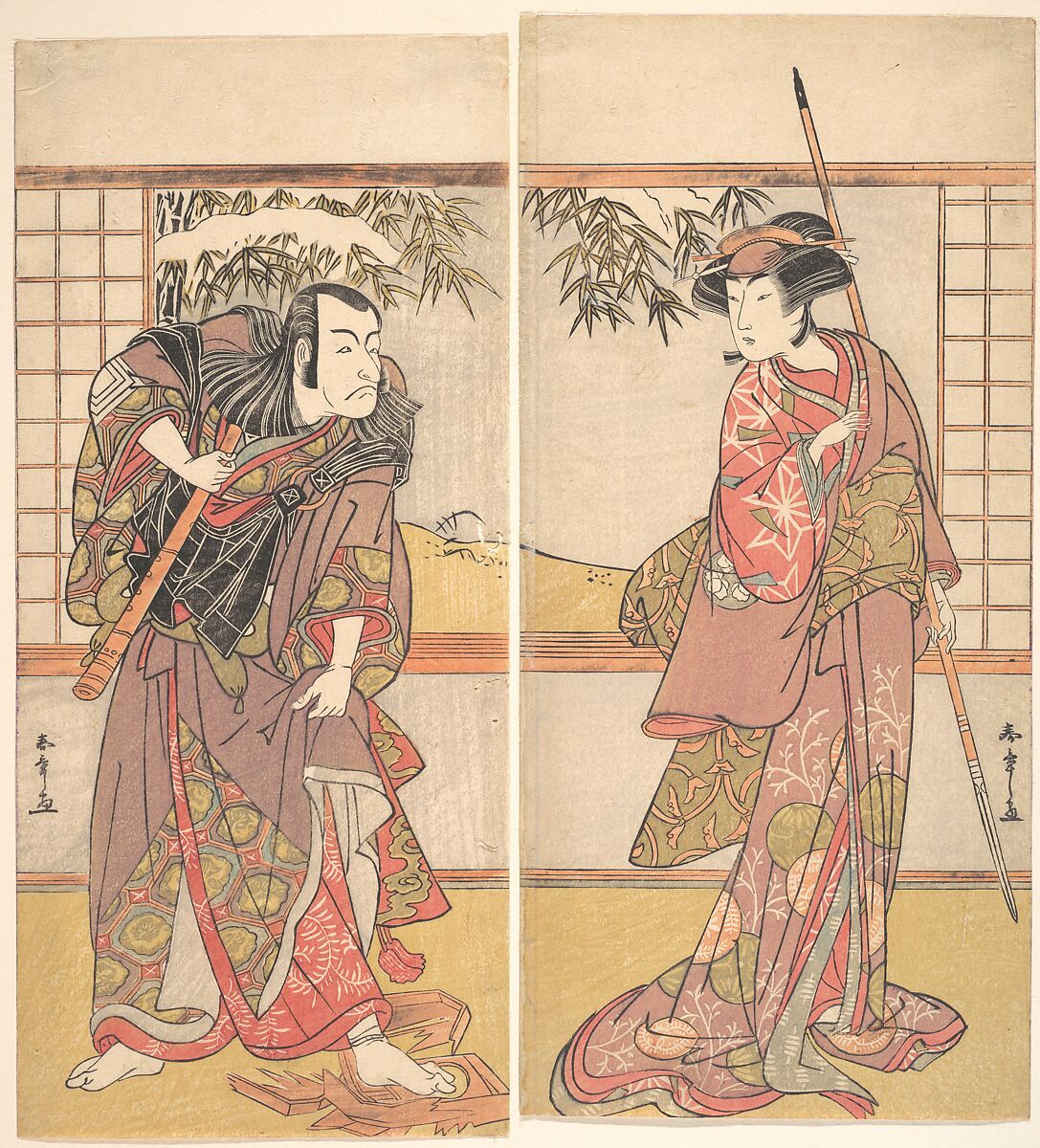 Kabuki Actors Osagawa Tsuneyo II and Ichikawa Danjūrō V, Katsukawa Shunshō　勝川春章 (Japanese, 1726–1792), Diptych of woodblock prints (nishiki-e); ink and color on paper, Japan 