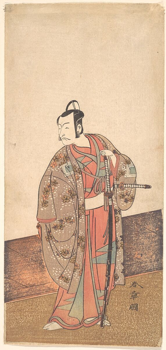 The Actor Ichikawa Danjuro V standing inside of a house and in front of an engawa, Katsukawa Shunshō　勝川春章 (Japanese, 1726–1792), Woodblock print (nishiki-e); ink and color on paper, Japan 