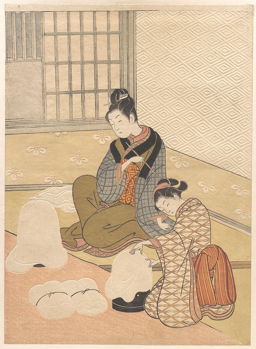 Evening Snow on the Heater, Suzuki Harunobu (Japanese, 1725–1770), Woodblock print with embossing (karazuri), ink and color on paper
, Japan 