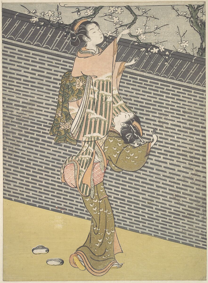 Plucking a Branch from a Neighbor's Plum Tree, Suzuki Harunobu (Japanese, 1725–1770), Woodblock print; ink and color on paper, Japan 