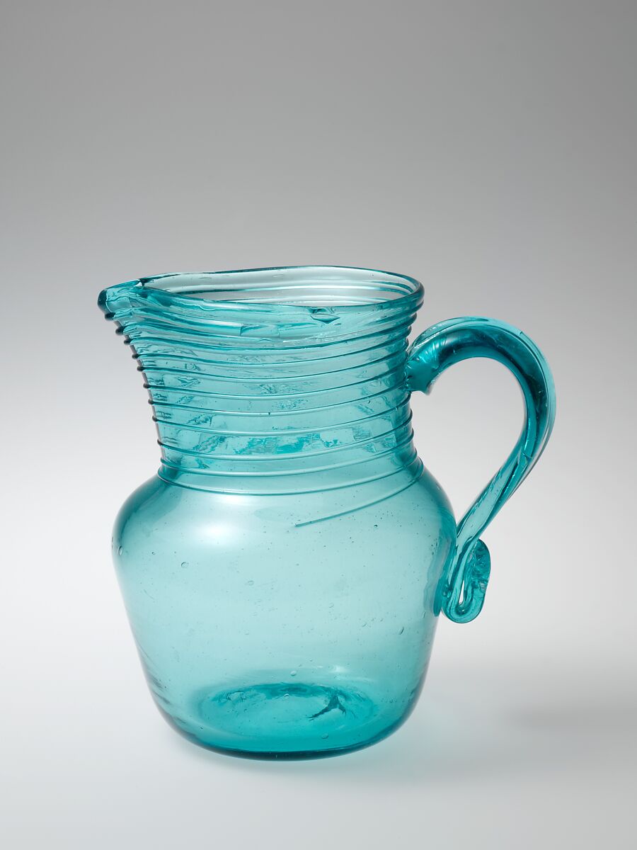 Pitcher, Blown glass with applied decoration, American 