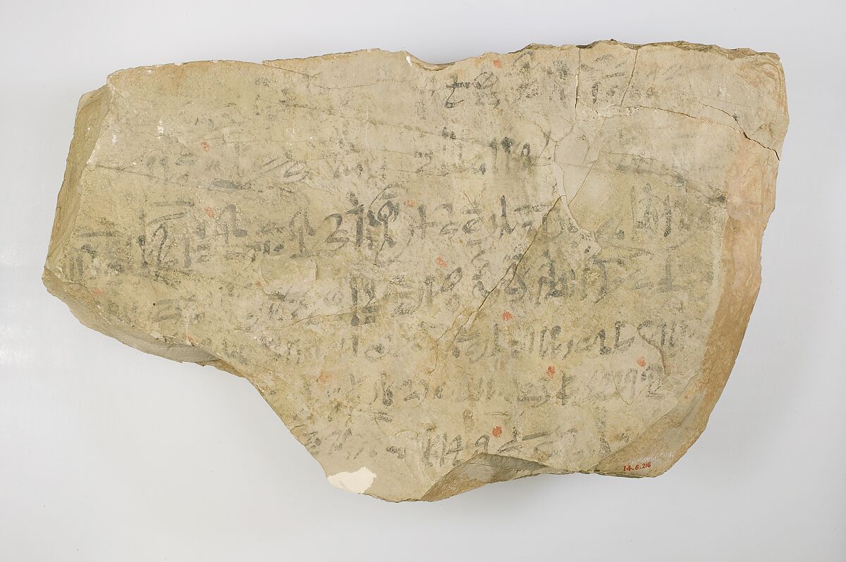 Hieratic ostracon inscribed with literary text and work journal, Limestone, ink 