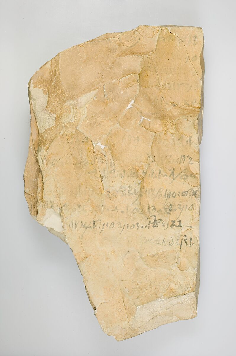 Hieratic ostracon inscribed with literary text and work journal, Limestone, ink
