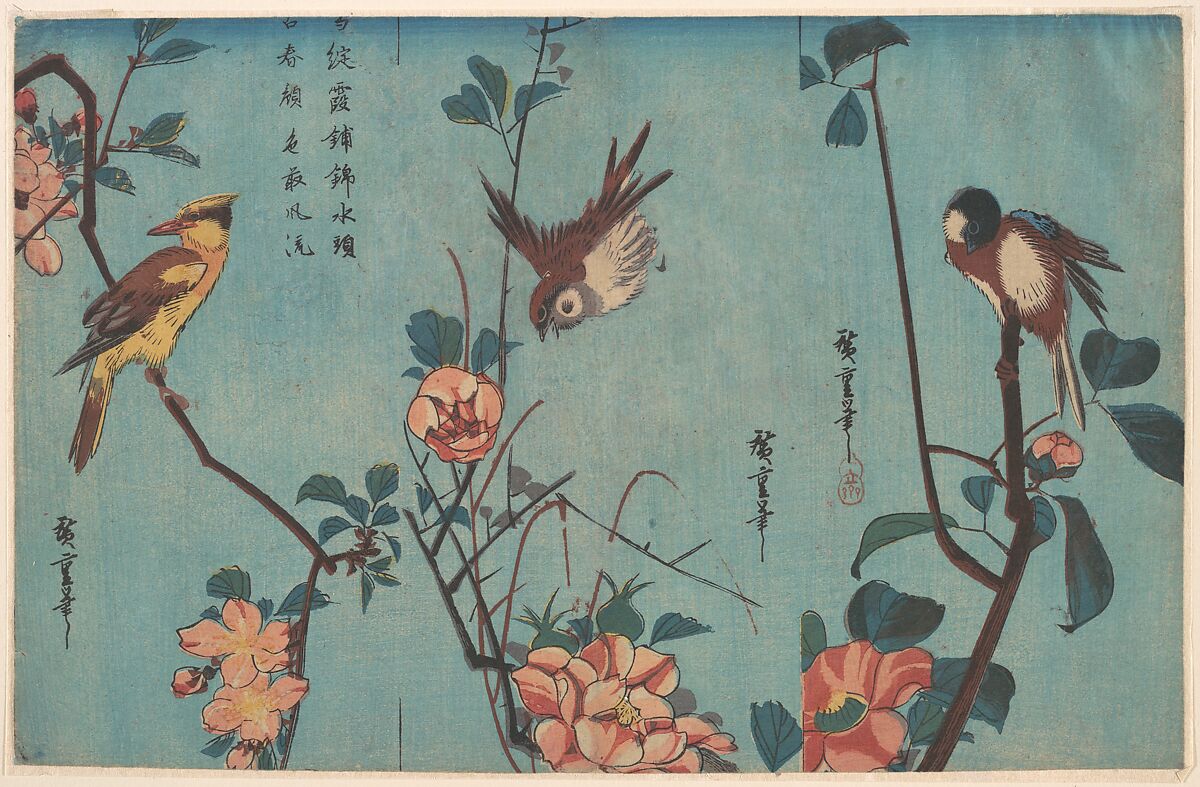 Titmouse and Camellias (right), Sparrow and Wild Roses (center), and Black-naped Oriole and Cherry Blossoms (left), Utagawa Hiroshige (Japanese, Tokyo (Edo) 1797–1858 Tokyo (Edo)), Uncut triptych of woodblock prints; ink and color on paper, Japan 