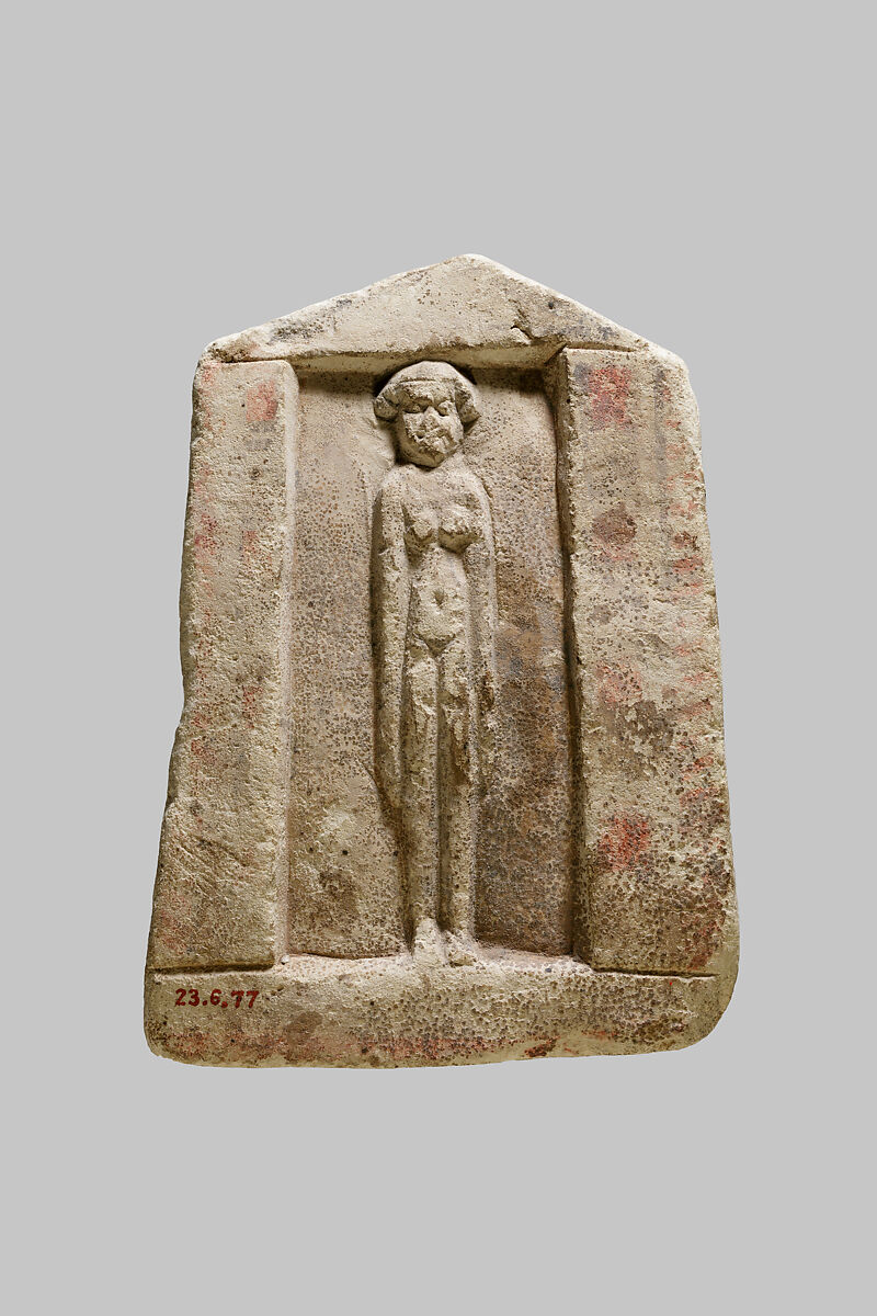Plaque with nude female in a shrine niche, Limestone, paint 