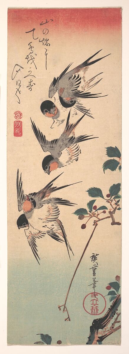 Swallows and Budding Wild Cherry, Utagawa Hiroshige (Japanese, Tokyo (Edo) 1797–1858 Tokyo (Edo)), Woodblock print, Japan 