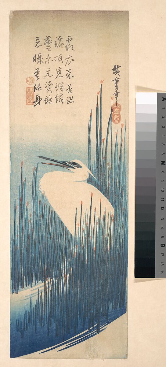 White Heron Standing among Reeds, Utagawa Hiroshige (Japanese, Tokyo (Edo) 1797–1858 Tokyo (Edo)), Woodblock print; ink and color on paper, Japan 