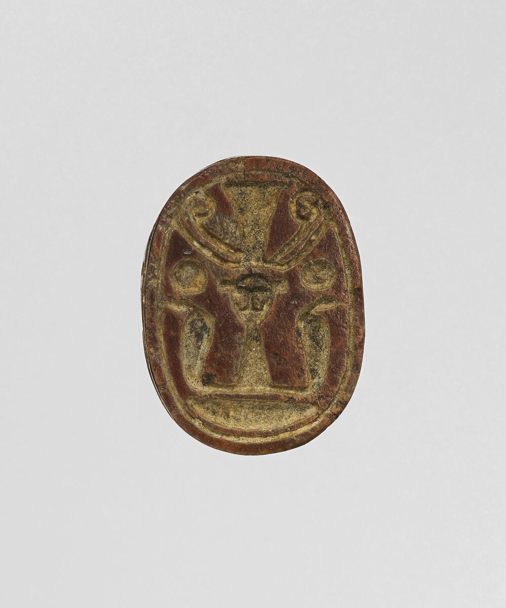 Scarab Inscribed with a Hathor Emblem, Steatite (glazed) 