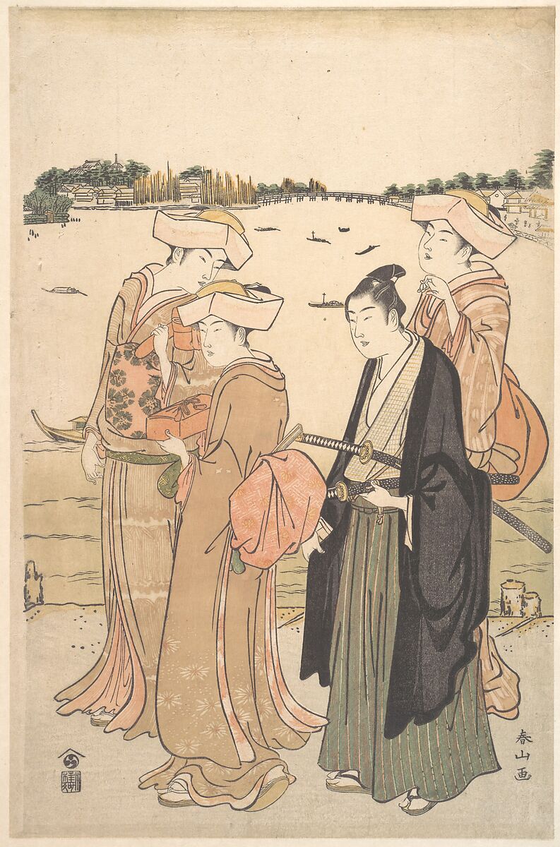 A Young Samurai and Three Women, Katsukawa Shunzan (Japanese, active 1782–1798), Woodblock print; ink and color on paper, Japan 