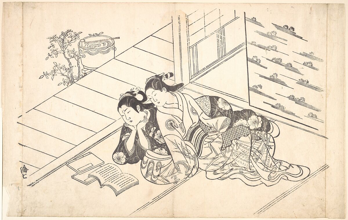 Two Women Reclining on the Floor of a Room and Reading a Book, Nishikawa Sukenobu (Japanese, 1671â€“1750), Monochrome woodblock print; ink on paper, Japan