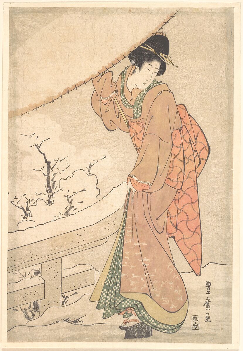 A Young Woman in a Snow Storm Carrying a Heavily Snow-Laden Umbrella, Utagawa Toyohiro (Japanese, 1763–1828), Probably one sheet of a triptych of woodblock prints; ink and color on paper, Japan 