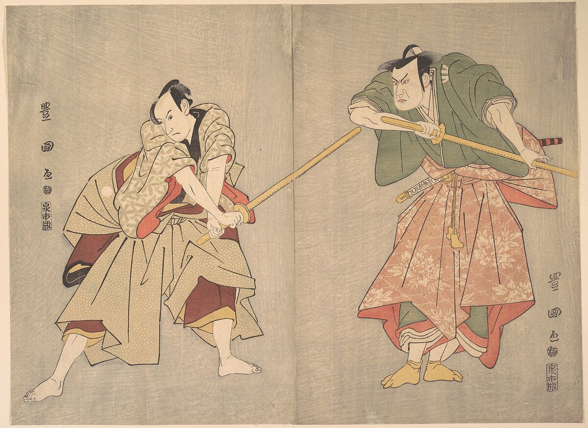 Scene from an Unidentified Drama, Utagawa Toyokuni I (Japanese, 1769–1825), Diptych of woodblock prints; ink and color on paper, Japan 