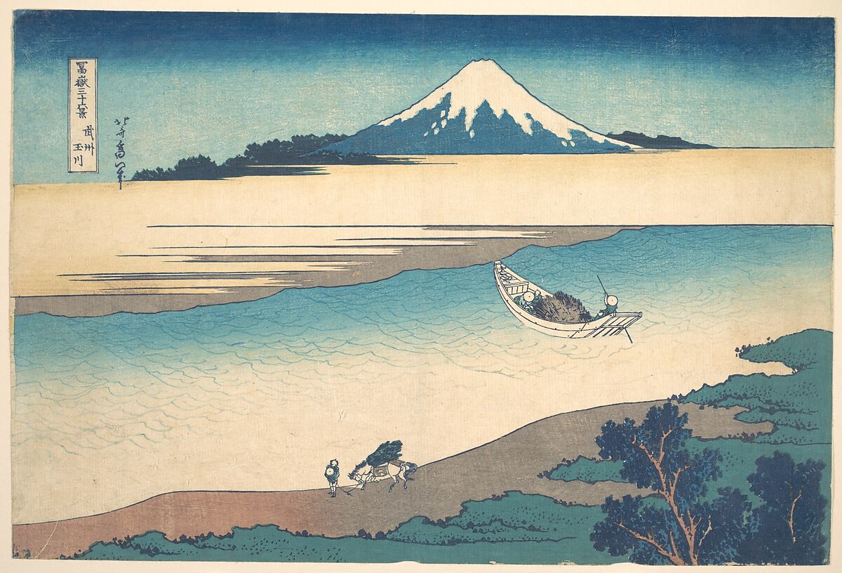 Tama River in Musashi Province (Bushū Tamagawa), from the series Thirty-six Views of Mount Fuji (Fugaku sanjūrokkei), Katsushika Hokusai (Japanese, Tokyo (Edo) 1760–1849 Tokyo (Edo)), Woodblock print; ink and color on paper, Japan 