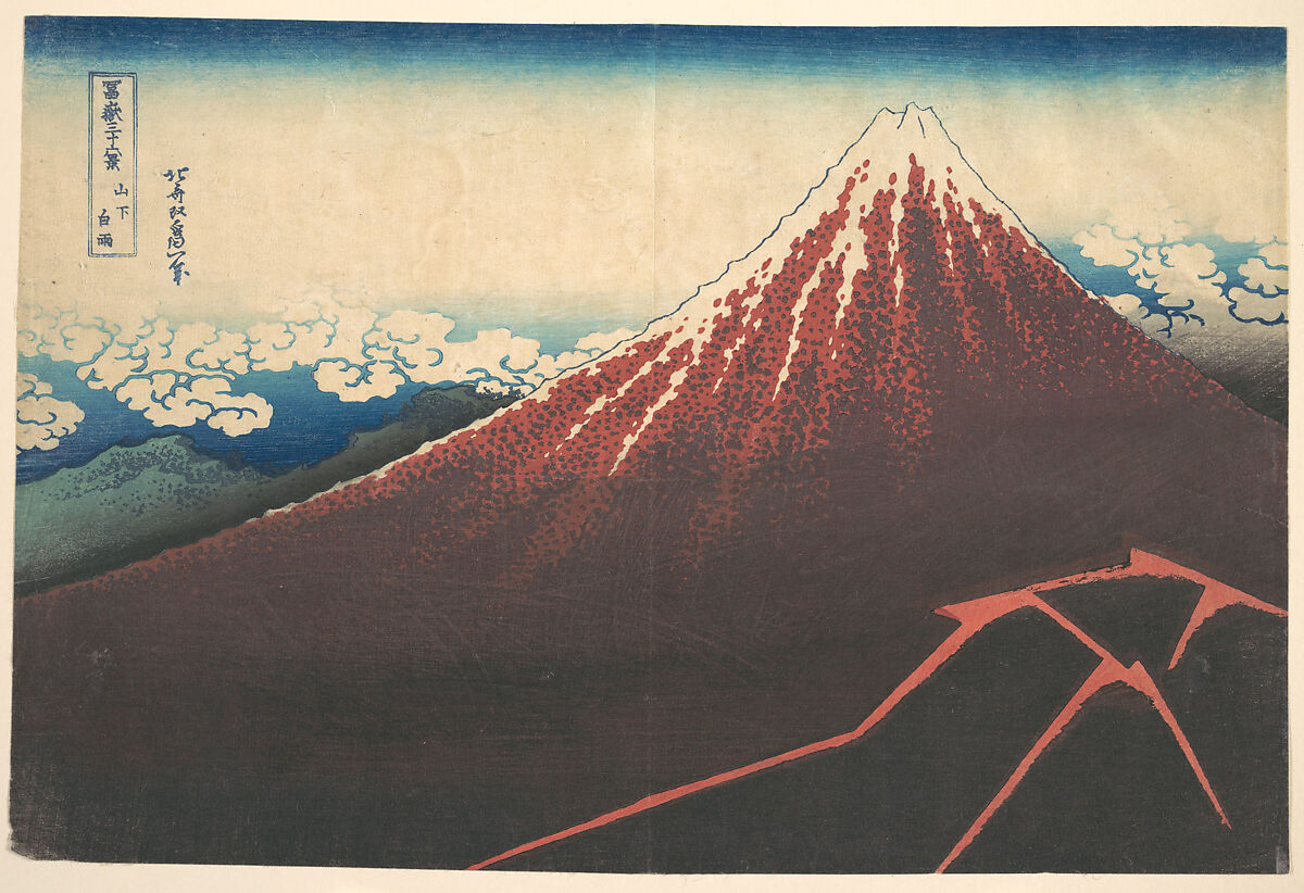 Storm below Mount Fuji (Sanka no haku u), from the series Thirty-six Views of Mount Fuji (Fugaku sanjūrokkei), Katsushika Hokusai (Japanese, Tokyo (Edo) 1760–1849 Tokyo (Edo)), Woodblock print; ink and color on paper, Japan 