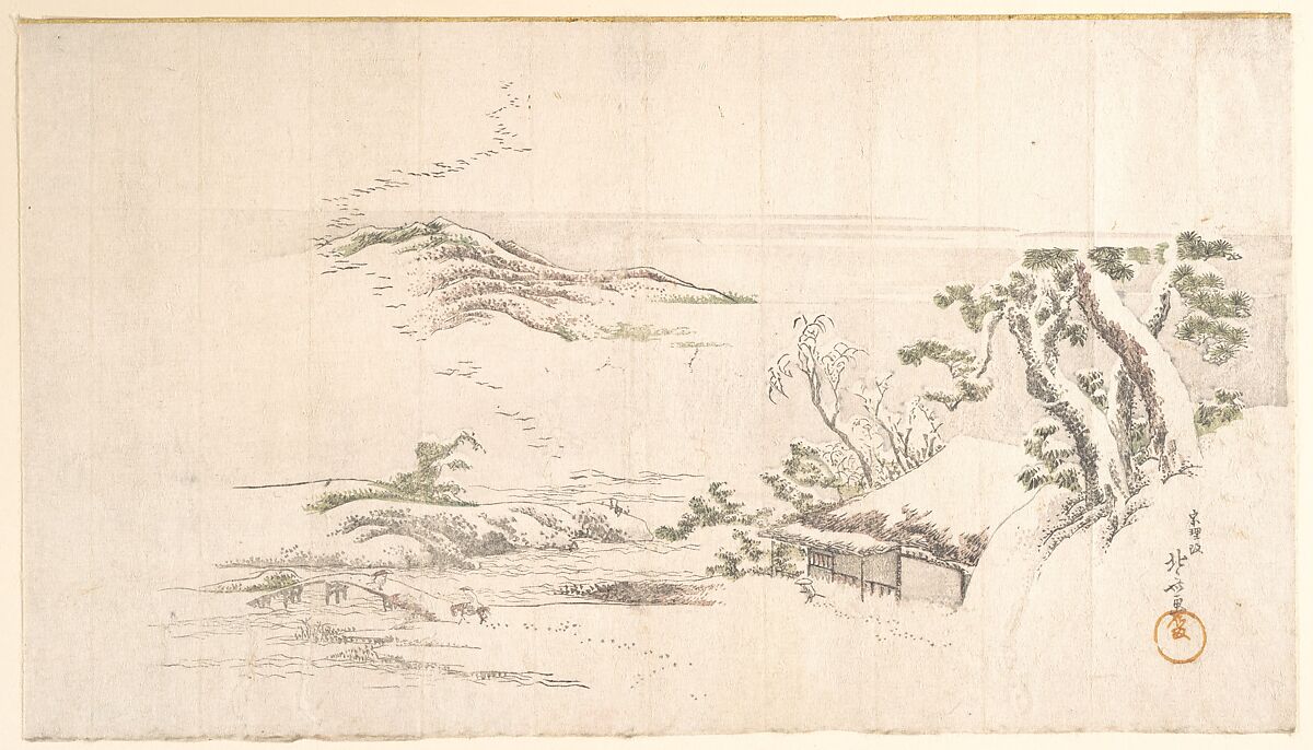 A Snow–clad Landscape with Gray Clouds, Katsushika Hokusai (Japanese, Tokyo (Edo) 1760–1849 Tokyo (Edo)), Woodblock print; ink and color on paper, Japan 