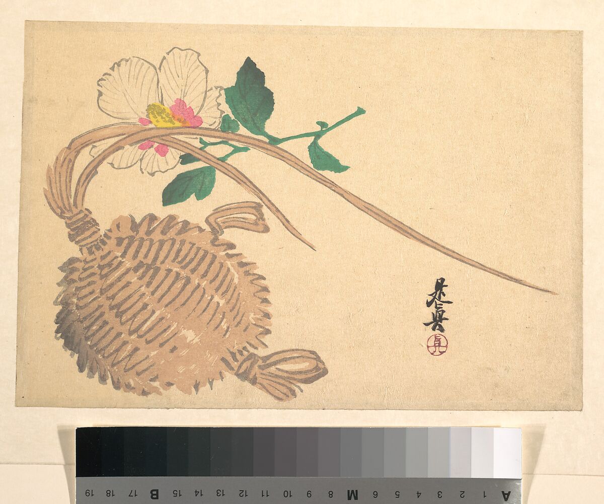 Straw Basket for Fish (?) and Mokuge Flower, Shibata Zeshin (Japanese, 1807–1891), Woodblock print; ink and color on paper, Japan 