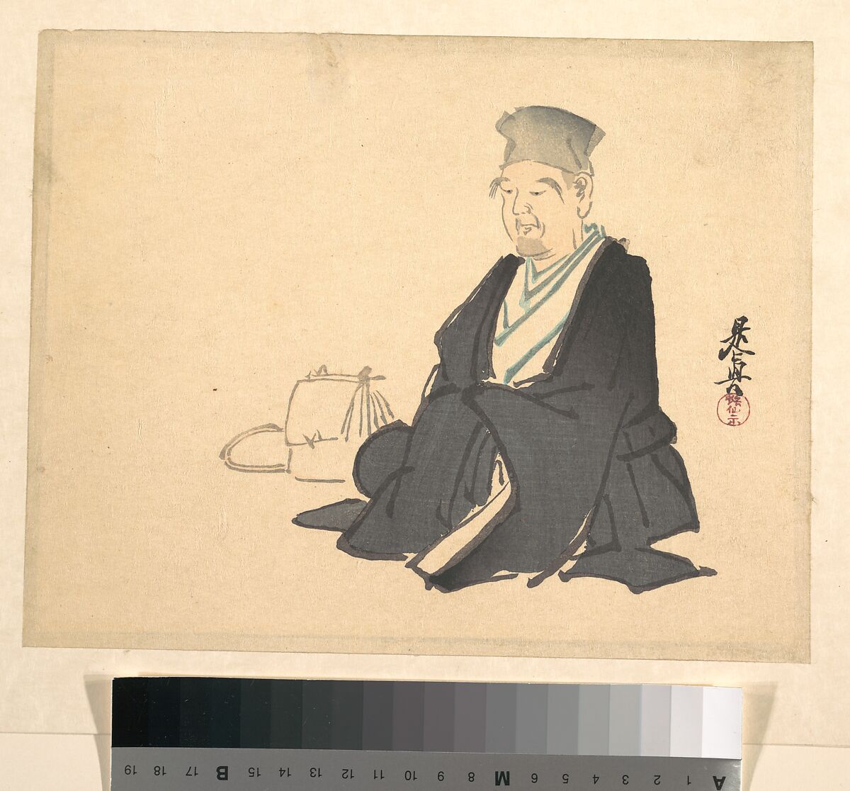 Portrait of Rikyū (?), Shibata Zeshin (Japanese, 1807–1891), Woodblock print; ink and color on paper, Japan 