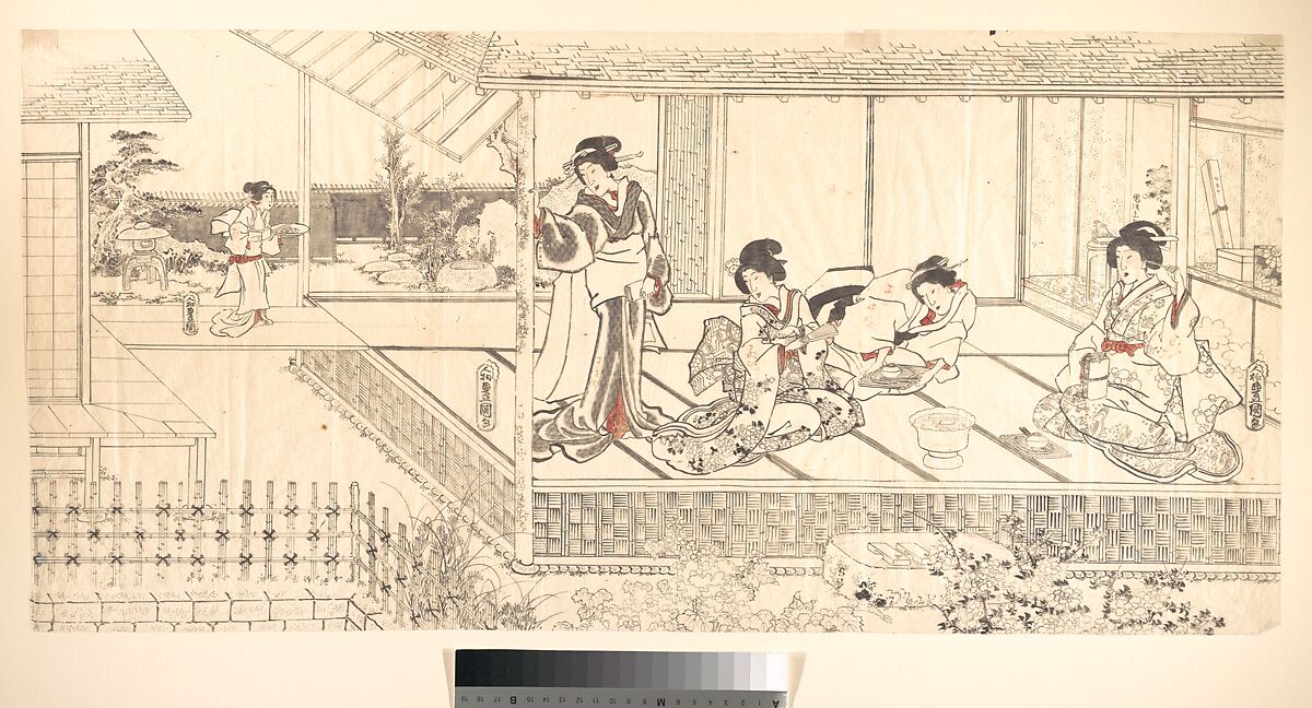 Two Court Ladies (Goten Jochu) and a Geisha at a Restaurant, Utagawa Kunisada (Japanese, 1786–1864), Triptych of woodblock prints; ink and color on thin paper, Japan 