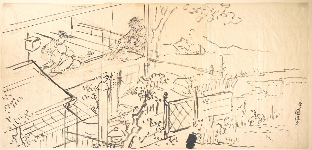 Two Courtesans Enjoying the View from a Teahouse, Utagawa Kunisada (Japanese, 1786–1864), Ink on thin paper, Japan 
