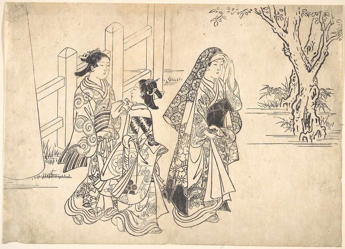 A Courtesan Followed by Two Girl Attendants, Nishikawa Sukenobu (Japanese, 1671–1750), Monochrome woodblock print; ink on paper, Japan 