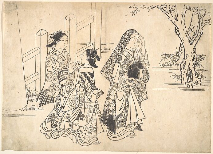 A Courtesan Followed by Two Girl Attendants