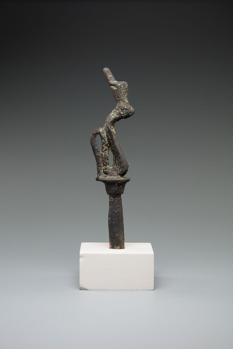 Cobra wearing red crown on a papyrus stem, Bronze or cupreous alloy